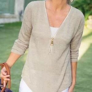 Soft Surroundings Beige Tan Knitted Zip Up Long Sleeve Sweater Size Medium